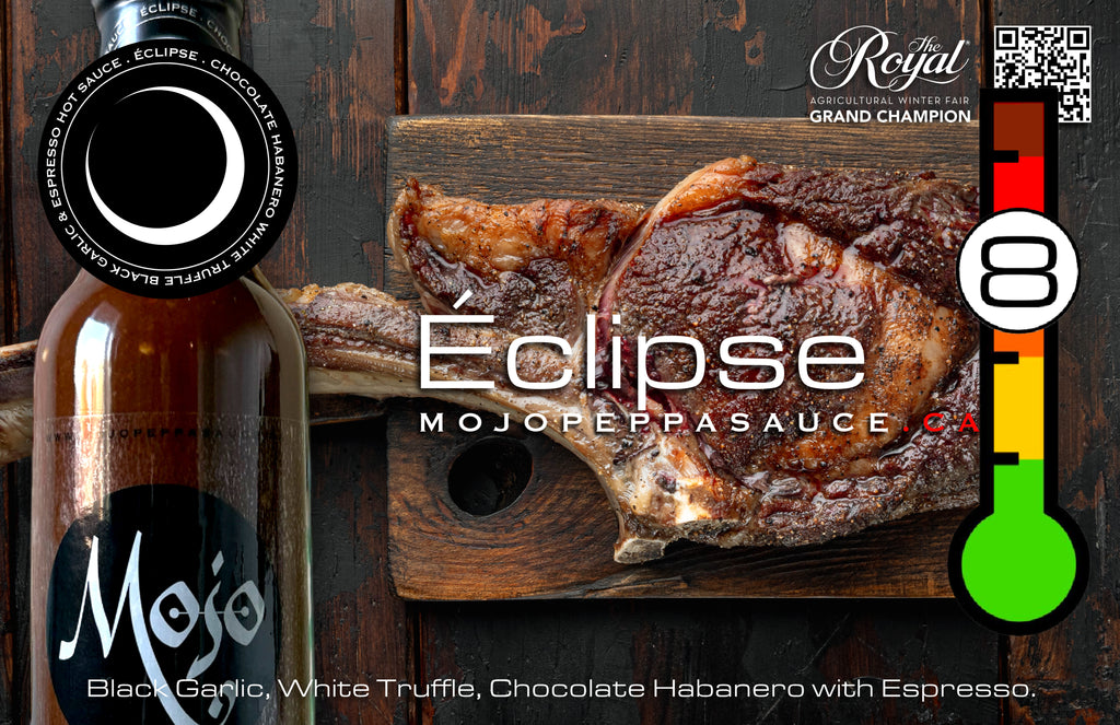 MOJO PEPPA SAUCE ‘ÉCLIPSE’ WHITE TRUFFLE & BLACK GARLIC W/ CHOCOLATE HABANERO & ESPRESSO 5 OZ. BOTTLE